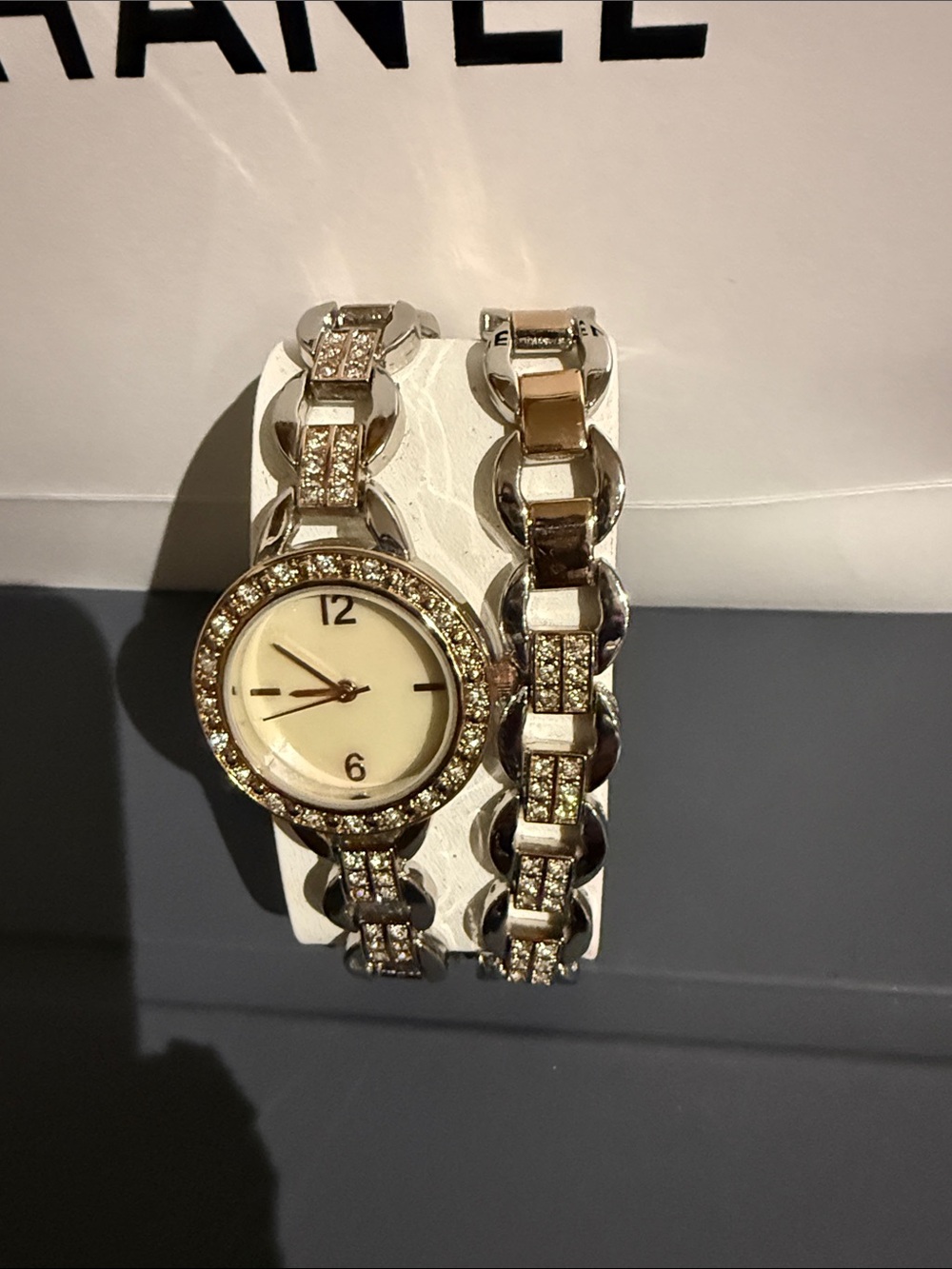 Crystal-Embellished Gold Silver-2 Tone Women's Watch and Bracelet Set